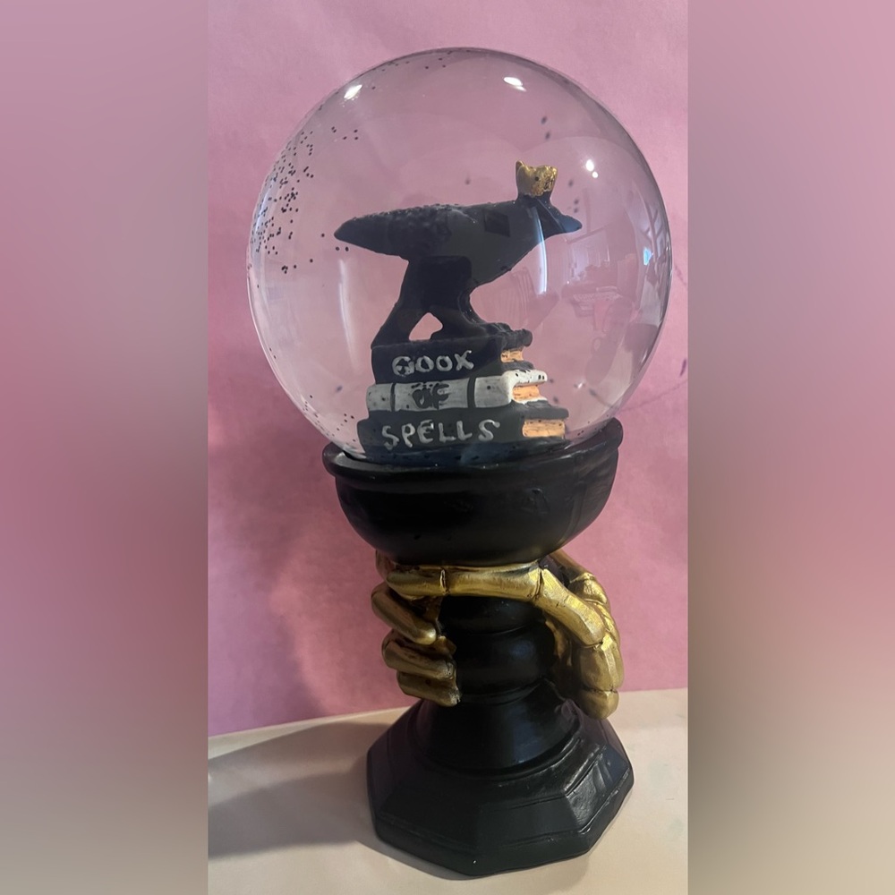 NWOT crow w/ crown book of spells water globe gold skeleton hand black glitter